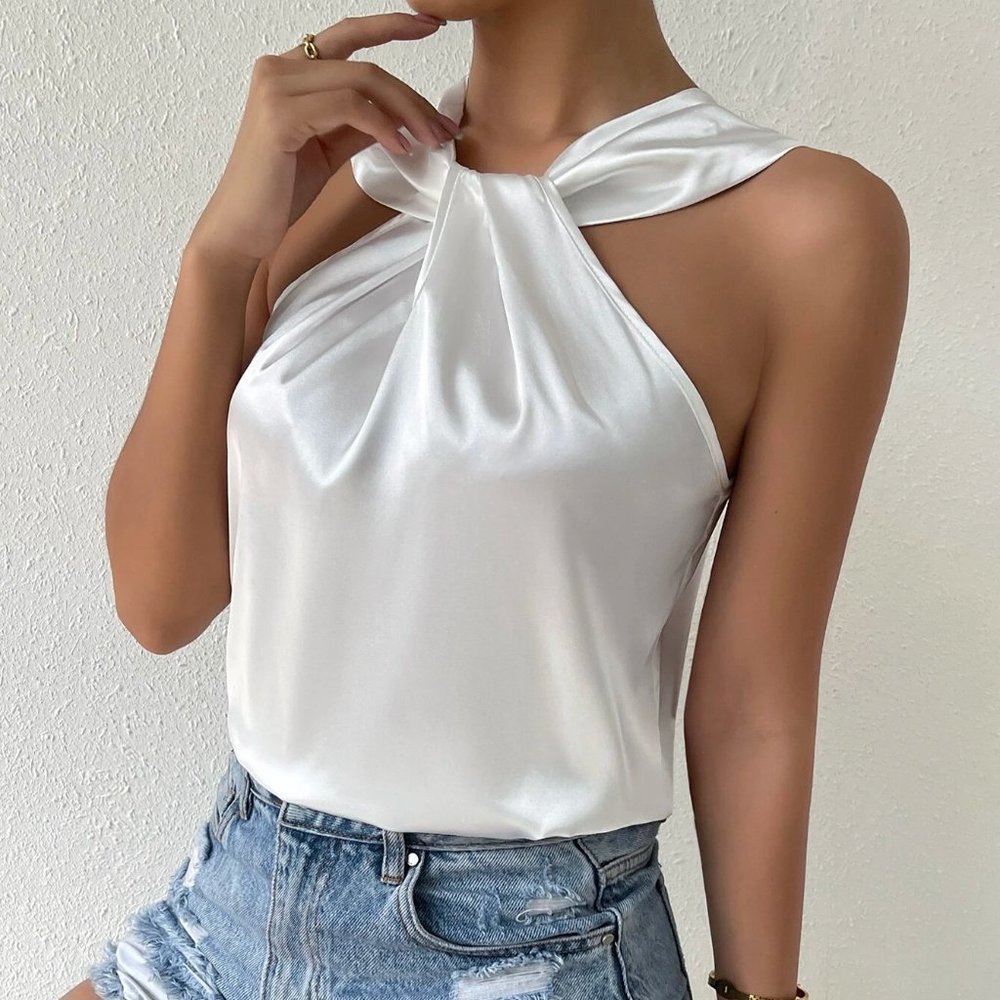 Womens satin Twist Front Top White - Picture 4 of 5